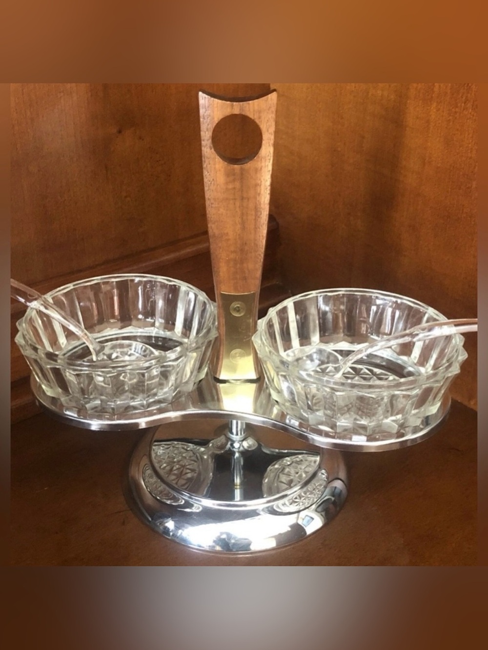 Vintage MCM Teak Wood Condiment Caddy Set Chrome and Glass With Spoons